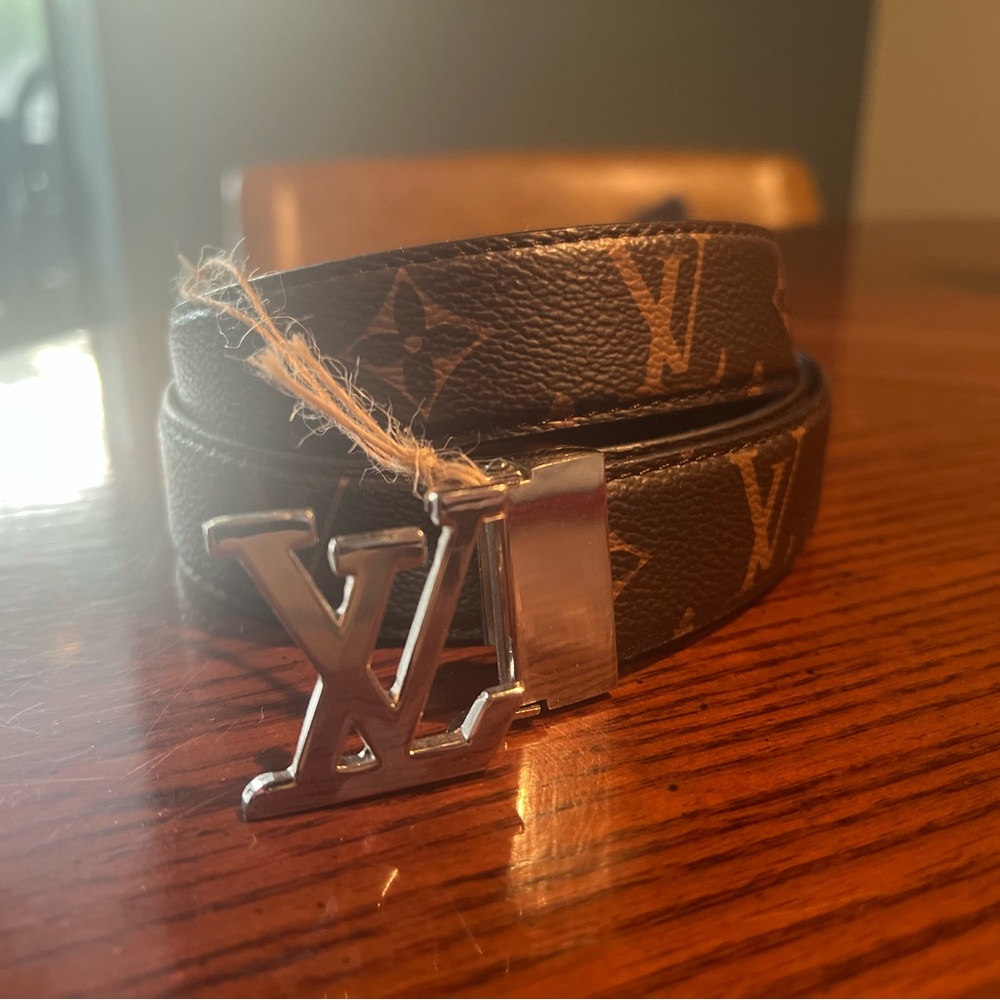 Brown Monogram Belt with Silver Logo Buckle